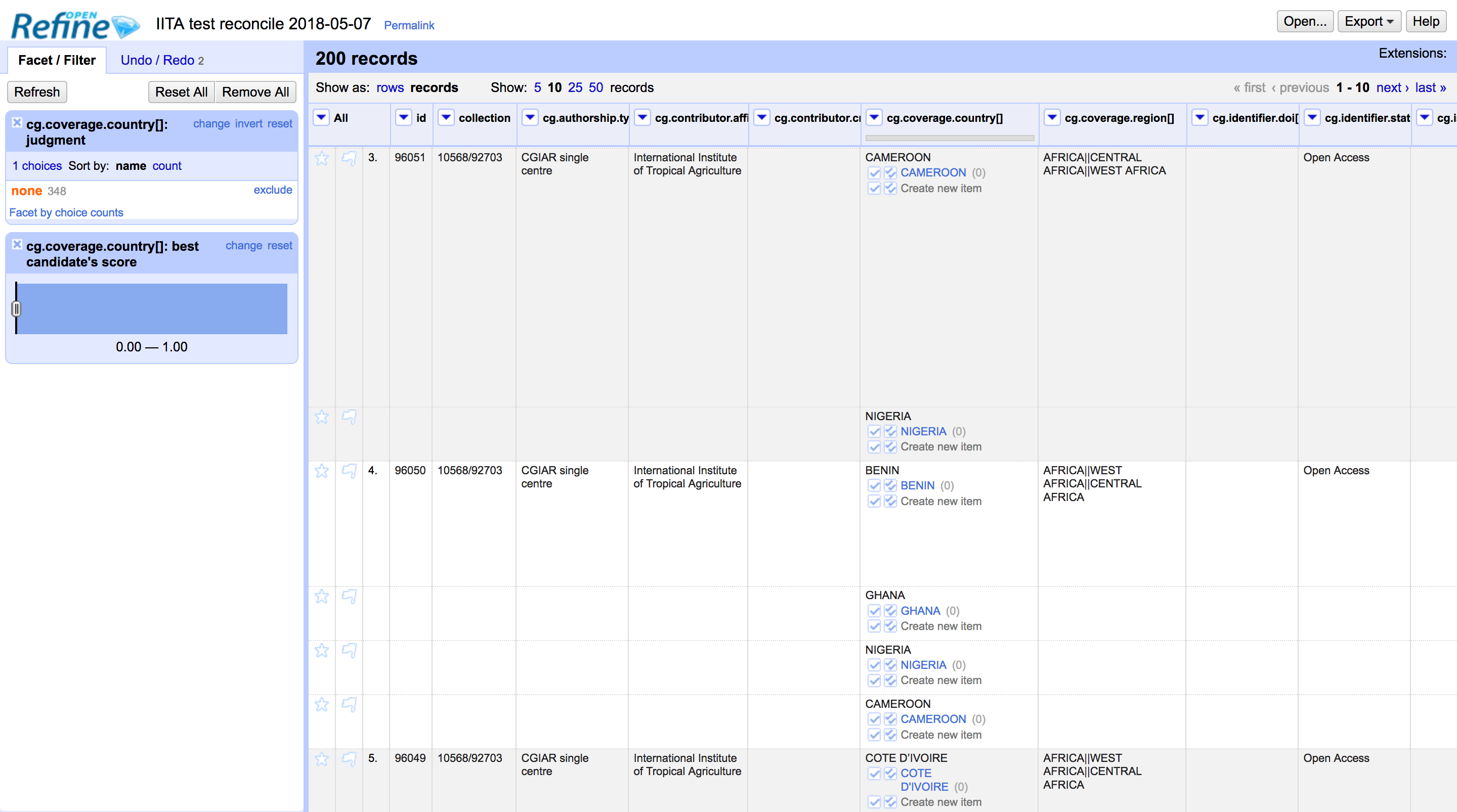 OpenRefine reconciling countries from local Solr